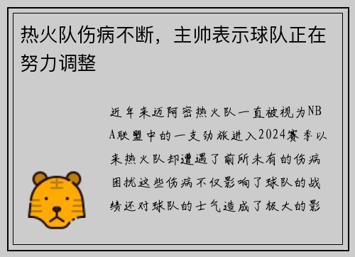 热火队伤病不断，主帅表示球队正在努力调整